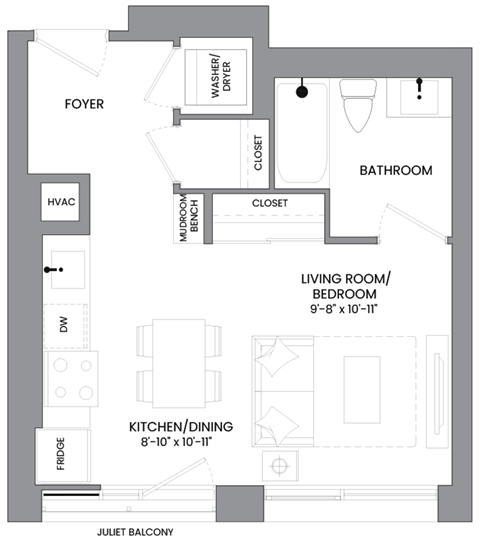 A floor plan of a house with a bedroom and a living room